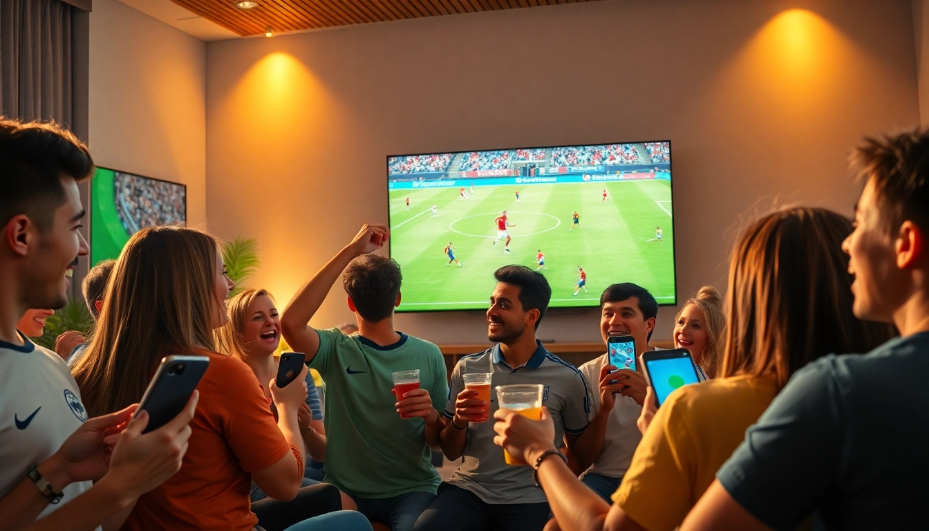 Lương Sơn TV fans enjoying a live football match on digital devices with vibrant community energy in 2026.