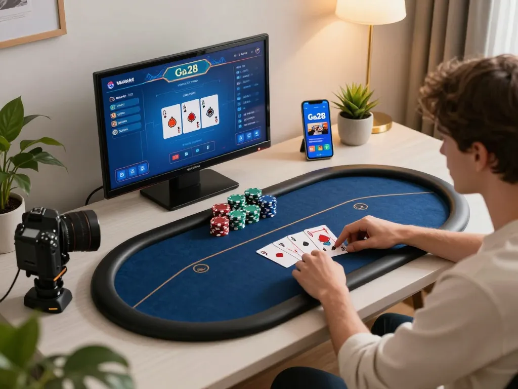 Ga28 mobile gaming experience with a person engaged in online poker strategy.