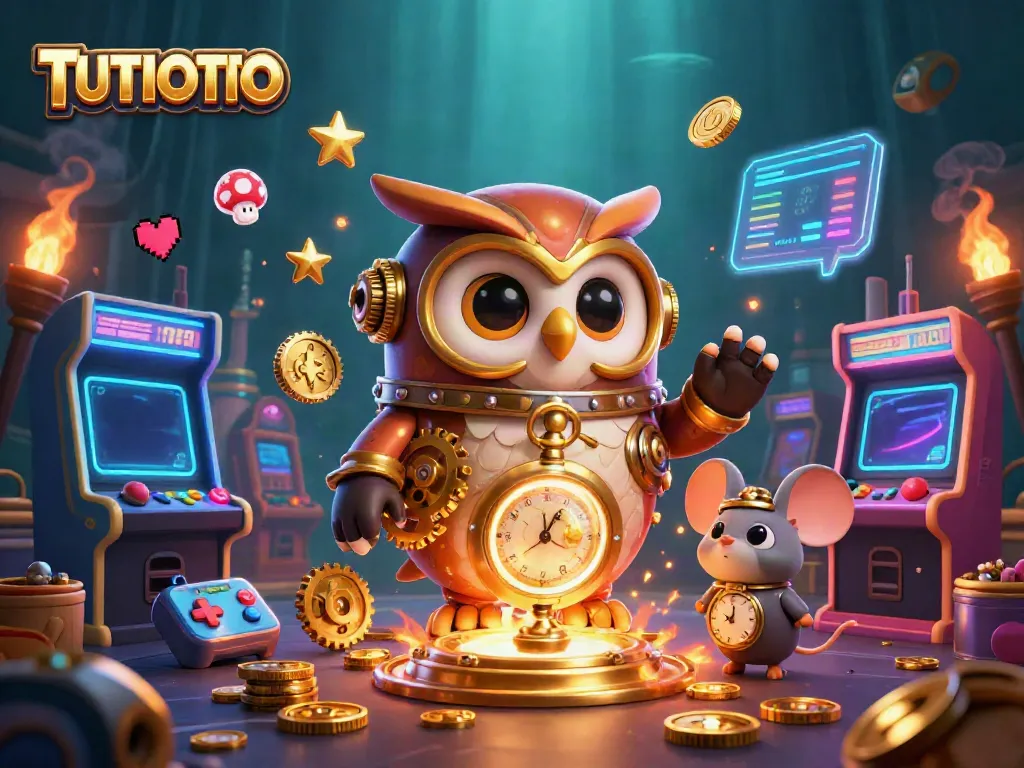 Experience the excitement of TUTITOTO with a vibrant 3D casino scene featuring a time-traveling owl.