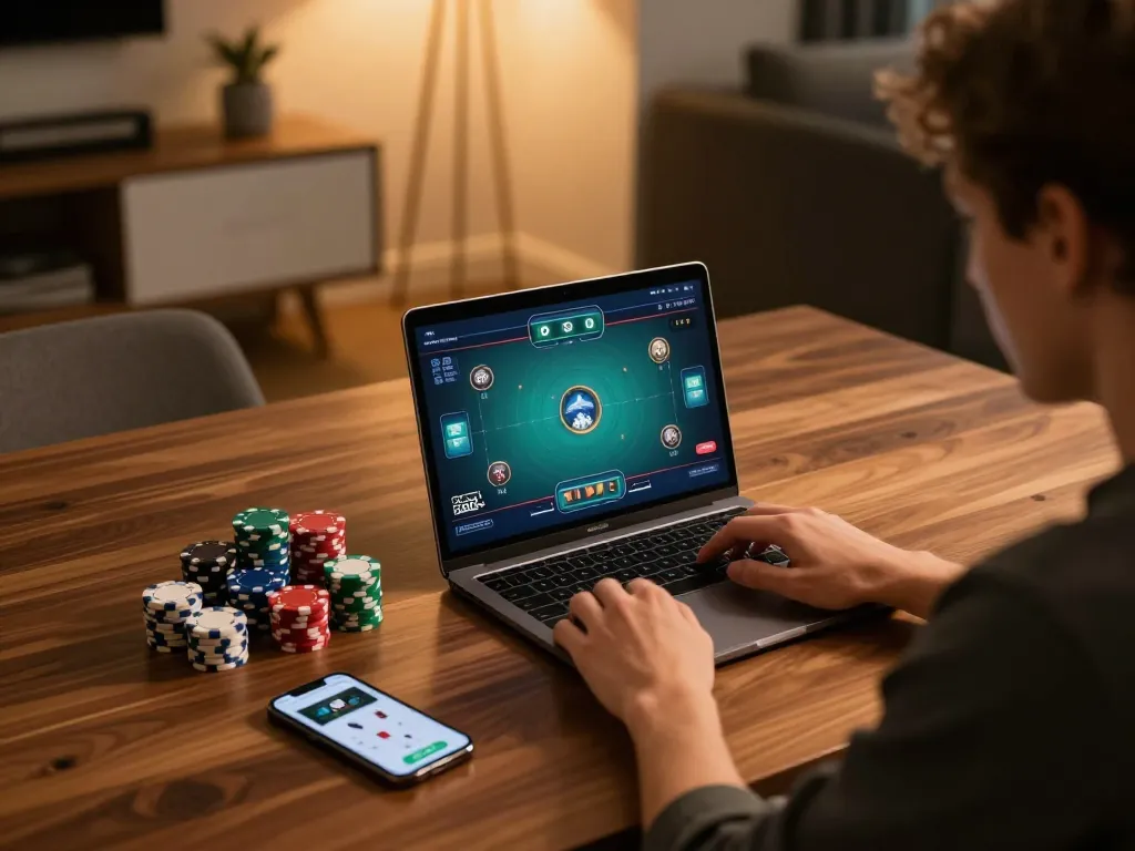 Player engaging in an alo8 poker game online at home, focused on laptop screen with chips nearby
