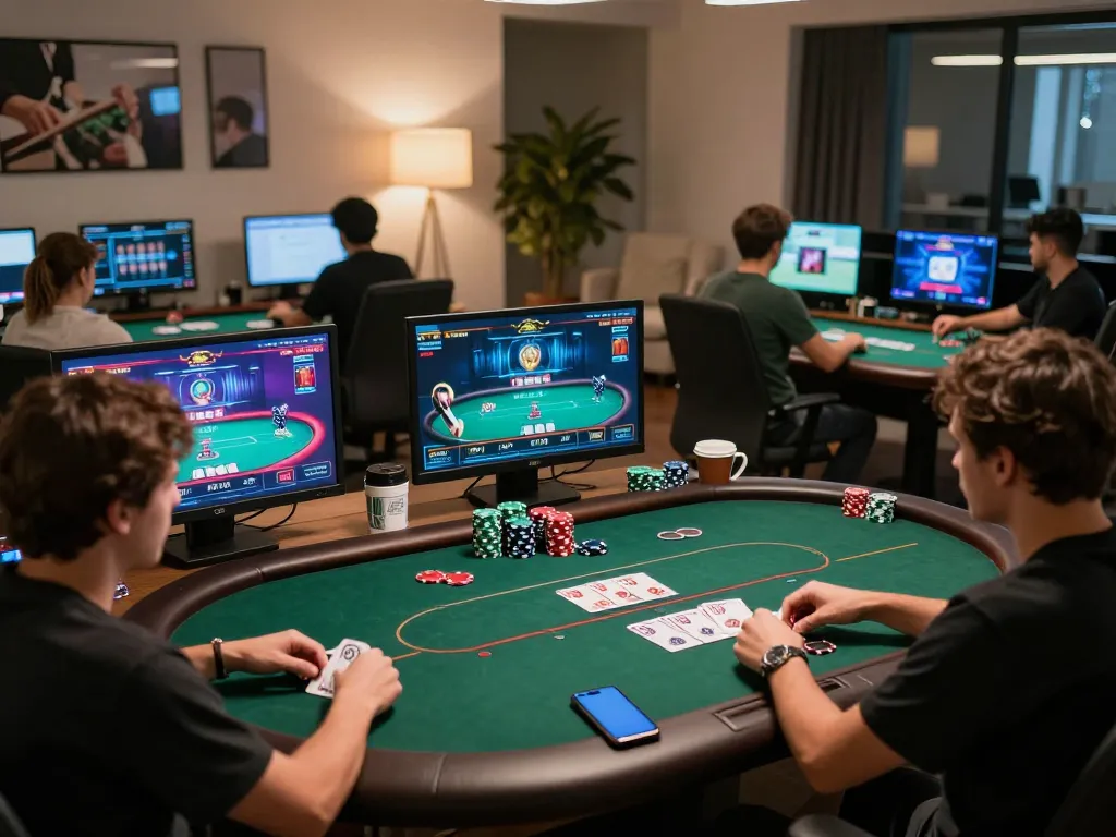 Players engaging in online poker at trang chủ fly88 in a stylish modern home office