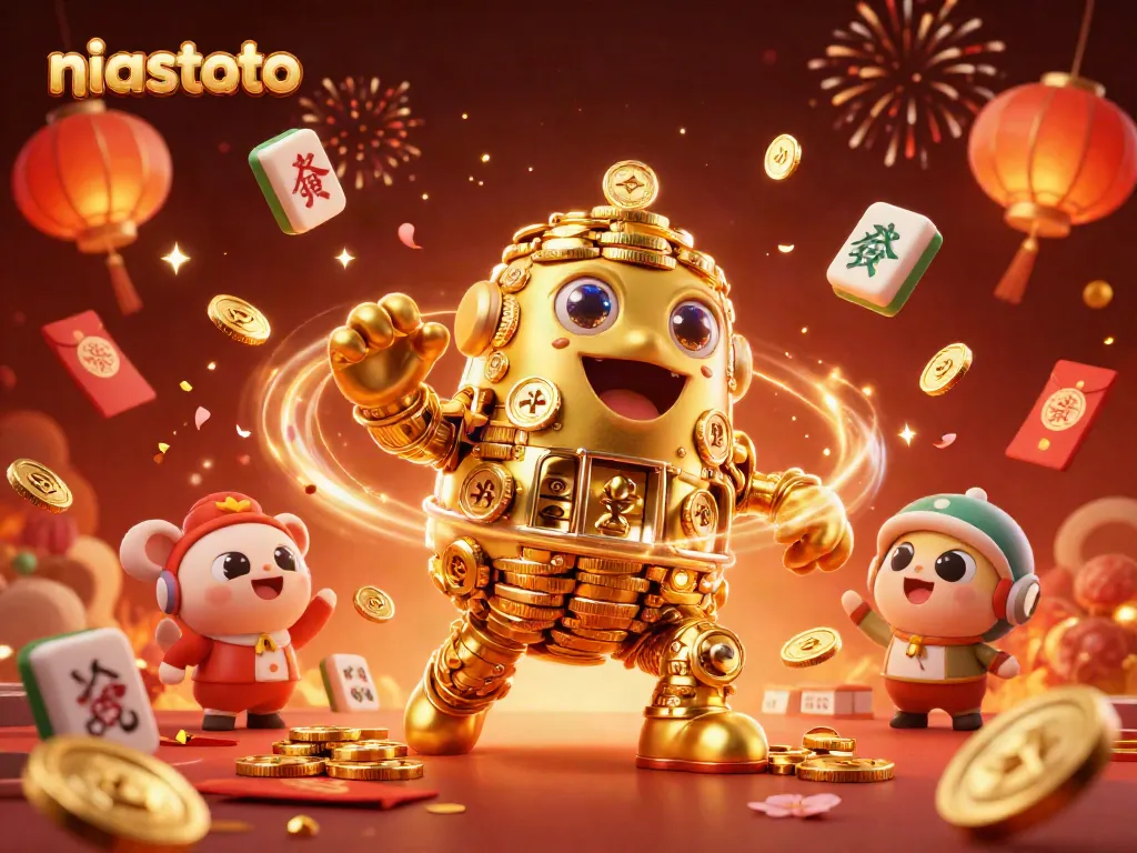 NIASTOTO's golden golem and festive elements create a vibrant gambling atmosphere.