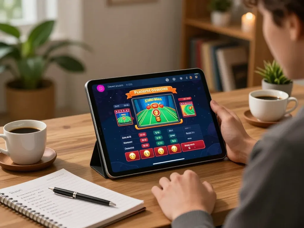 Engaging in online casino gameplay at ok365 with a tablet and strategic notes