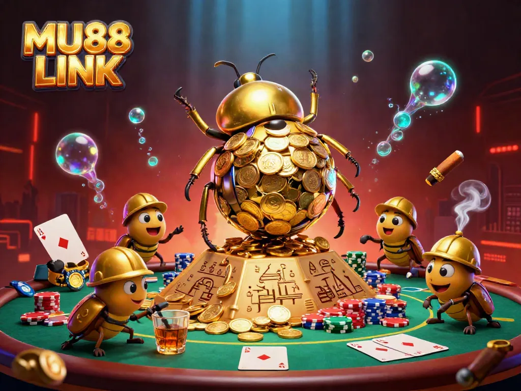 Engage in thrilling gameplay with MU88 LINK featuring a 3D cartoon design of beetles rolling golden coins.