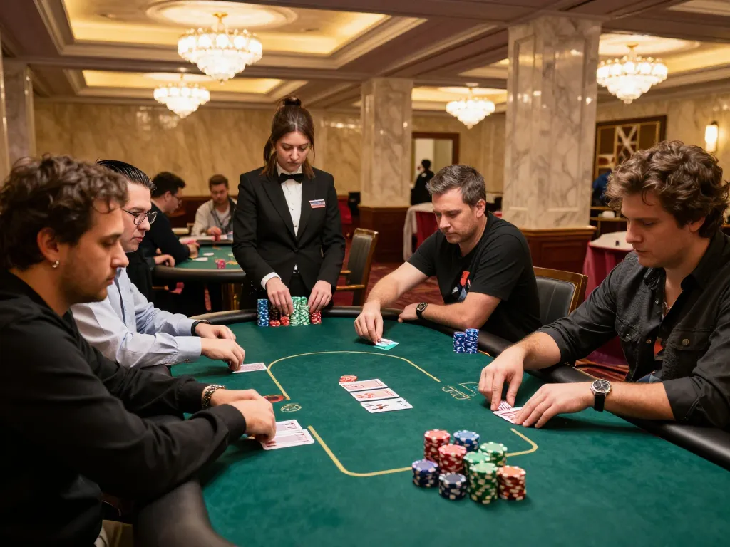 Players engaging in a high-stakes tournament at LGOSUPER casino, showcasing intense concentration and strategy.