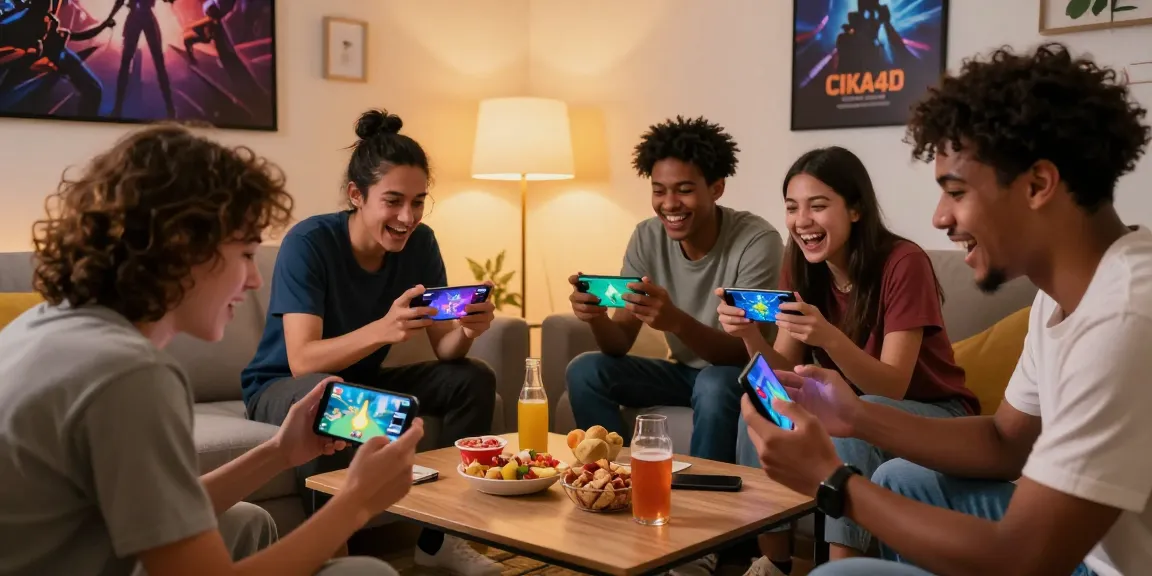 Users enjoying online games with CIKA4D on mobile devices in a cozy living room.