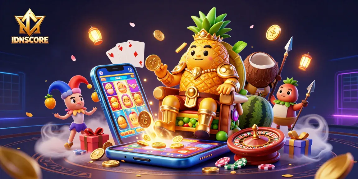 Engage with IDNSCORE's vibrant casino environment featuring a golden pineapple king, dynamic game elements, and bright visuals.