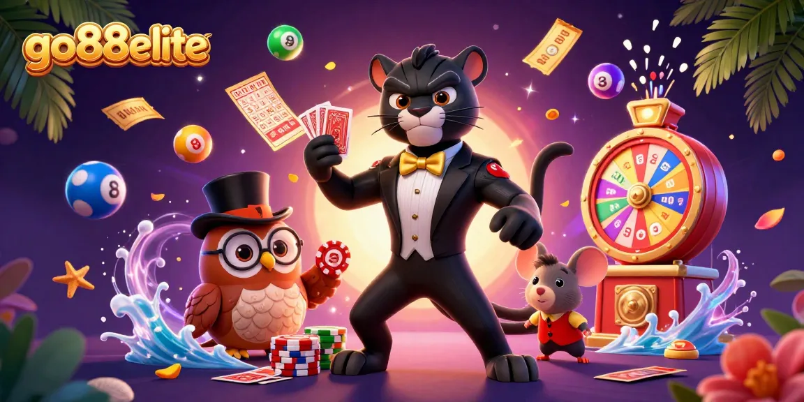 Experience thrilling moments at go88elite with a stylish black panther dealer and friends in a lively casino scene.