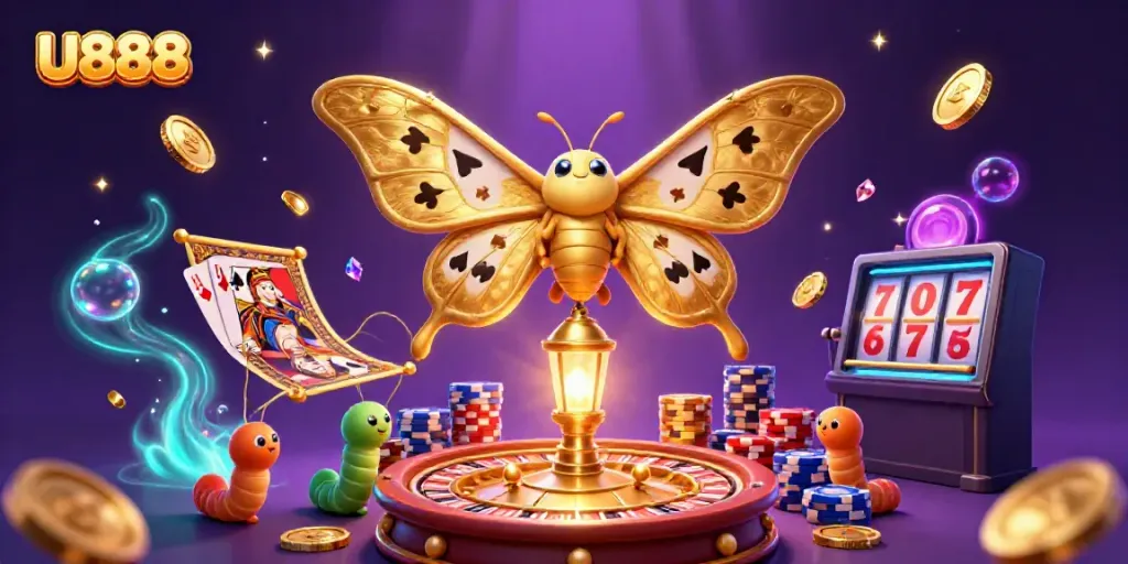 Experience U888 with vibrant casino scenes swirling around a majestic atlas moth.