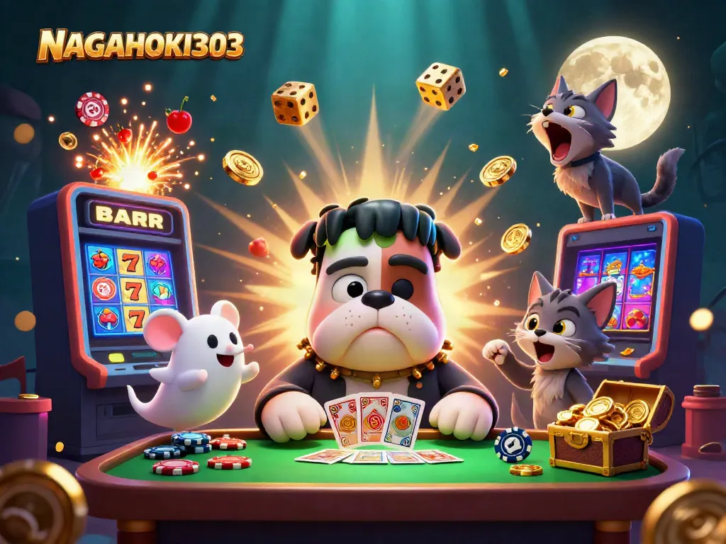 NAGAHOKI303 showcases a dynamic 3D casino scene with a Frankenstein bulldog and a werewolf kitten playing cards.