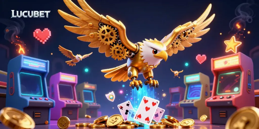 Experience exciting gameplay with LUCUBET while an eagle soars through holographic cards and arcade elements.