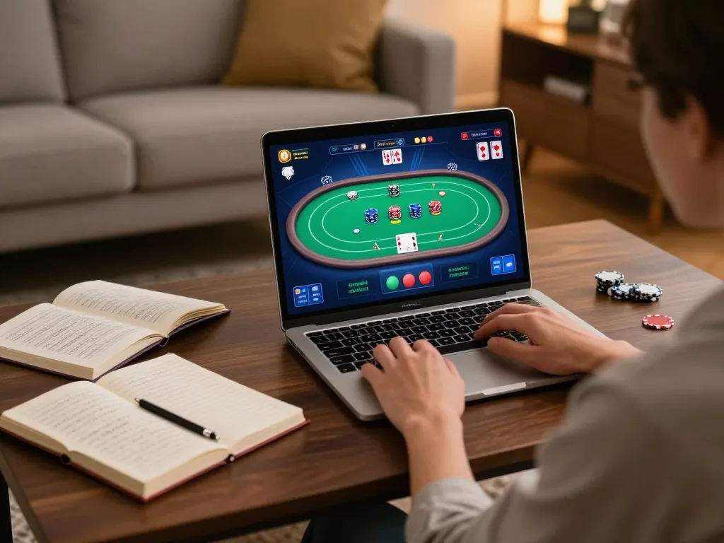 Engaging in strategic online poker gameplay at https://123win.click/ from a cozy home environment, advocating responsible gaming practices.