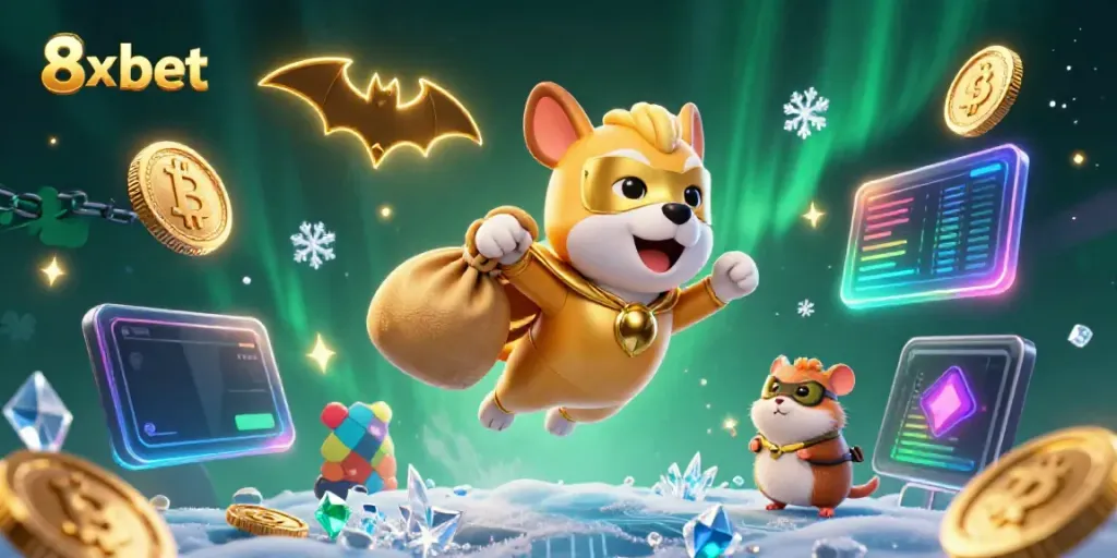Engage in thrilling gaming at 8x bet with a vibrant scene showcasing a heroic dog and hamster amidst digital crypto elements.