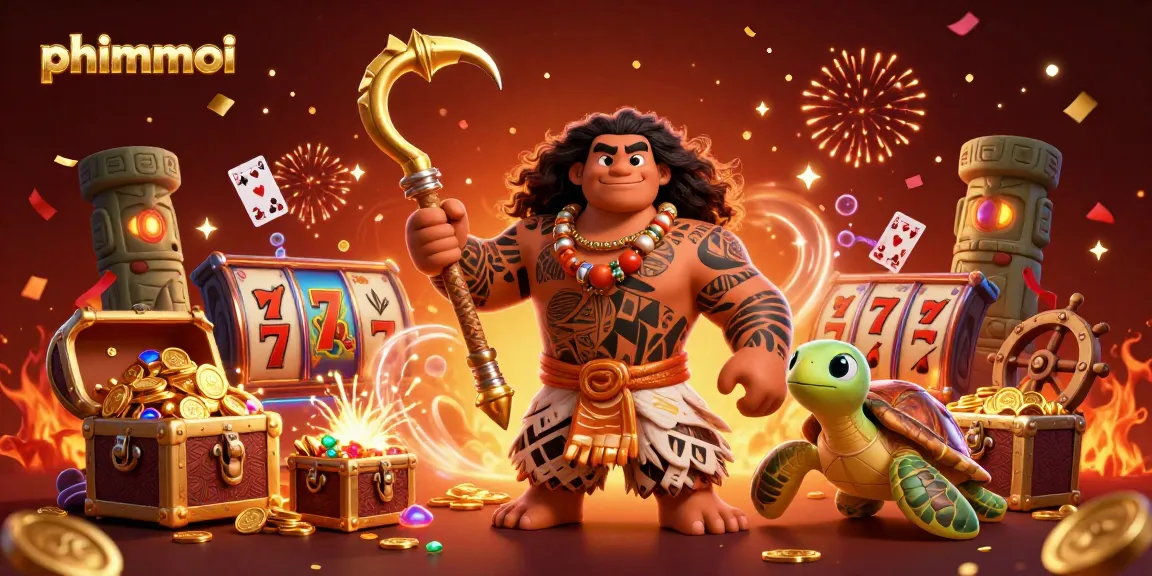 Experience the phimmoi gaming thrill with a vibrant scene featuring casino slots, treasures, and animated characters.