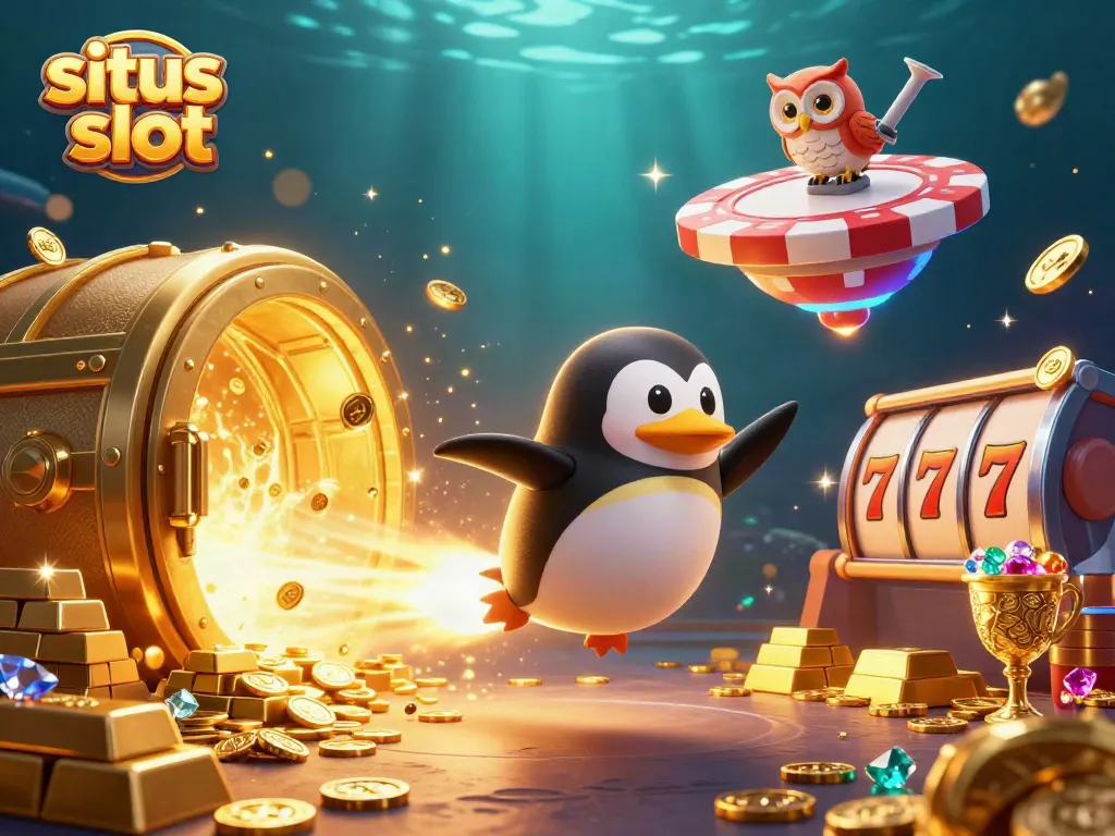 Menangkan jackpot situs slot dengan ilustrasi spektakuler di ruang angkasa, menampilkan penguin emas dan elemen kasino menarik lainnya.