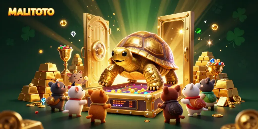 Experience the thrilling world of MALITOTO online gaming with a golden tortoise pinball machine and treasure.