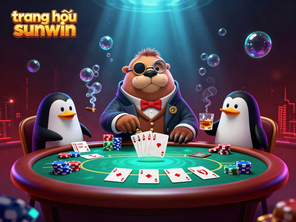 Join a lively poker game at trang chủ sunwin featuring a walrus, penguin dealer, and a bluffing pufferfish.