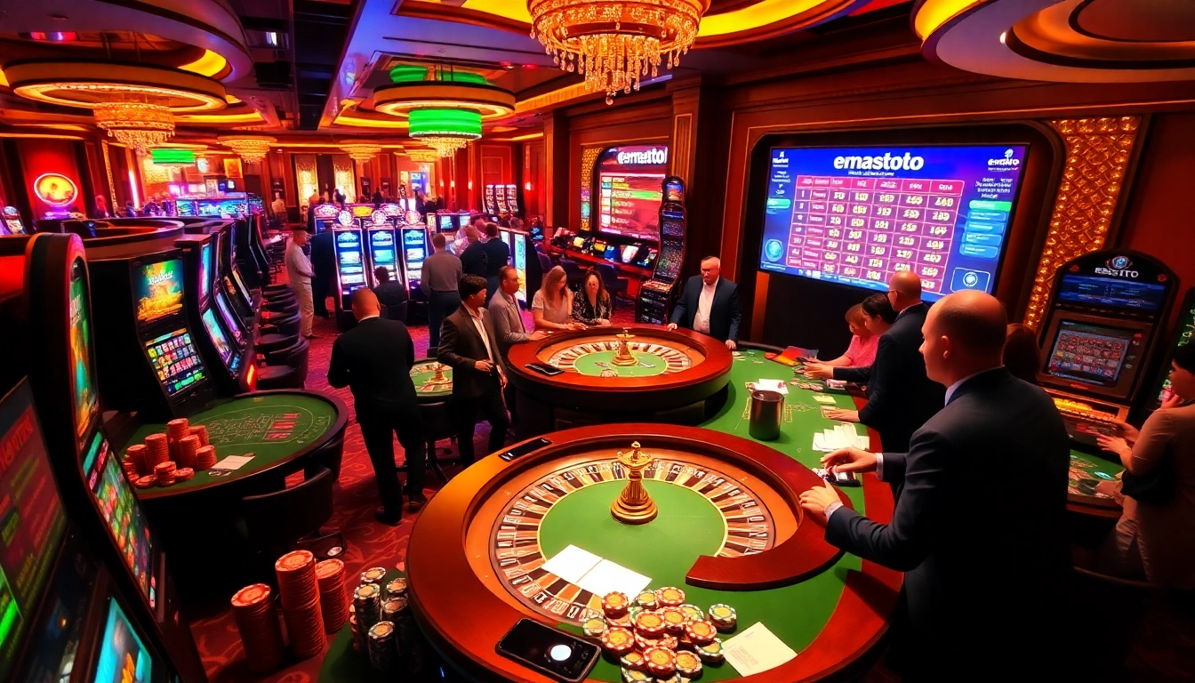 Rasakan sensasi emastoto di kasino yang ramai, terlibat dalam permainan poker dan roulette dengan suasana yang semarak.
