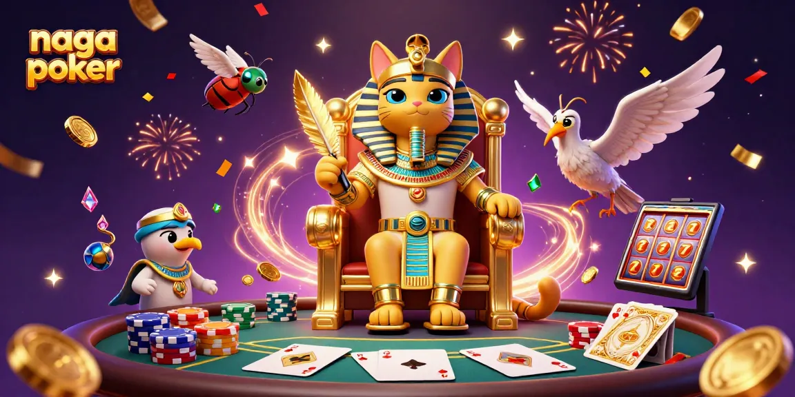 Experience the excitement of naga poker with a dynamic scene featuring a pharaoh cat and sparkling game elements.