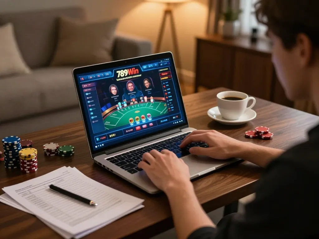 Engaged player using 789Win online casino interface, showcasing focused gameplay and cozy atmosphere.