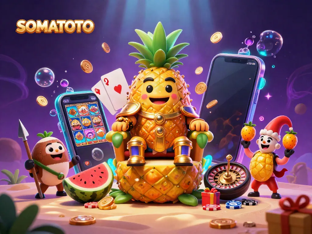 SOMATOTO showcases a vibrant scene featuring a golden pineapple king and casino elements amidst an energetic beach atmosphere.