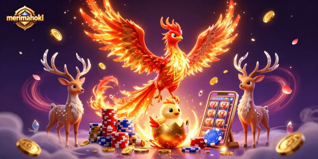 Merimahoki meraih kemenangan di kasino dengan ilustrasi kartun 3D yang penuh warna dan detail.