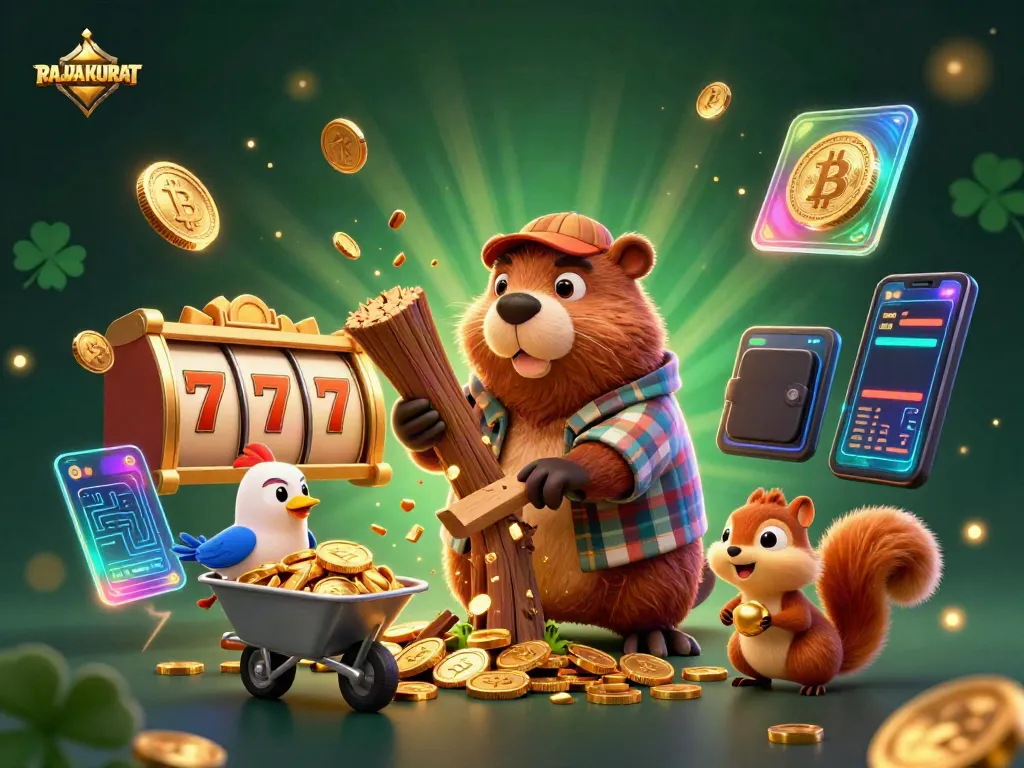 Engage with RAJAAKURAT as a cartoon lumberjack beaver discovers a treasure of coins raining down from a tree.