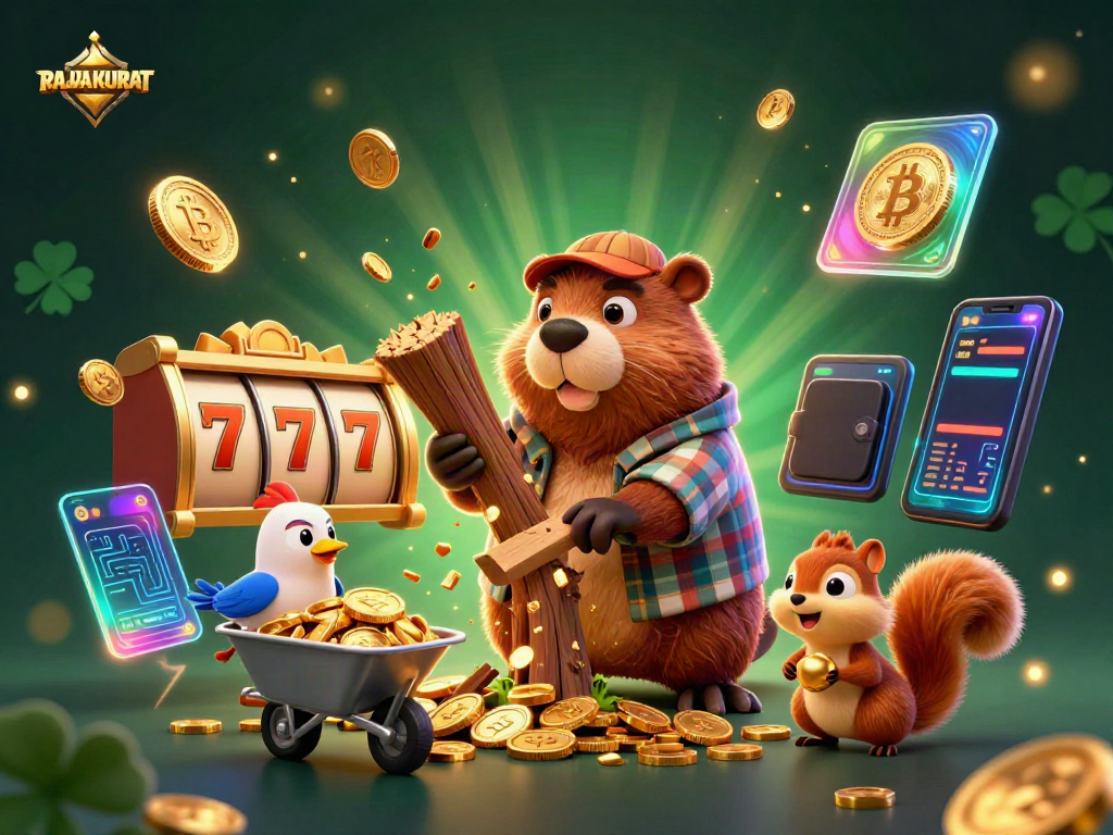 Engage with RAJAAKURAT as a cartoon lumberjack beaver discovers a treasure of coins raining down from a tree.