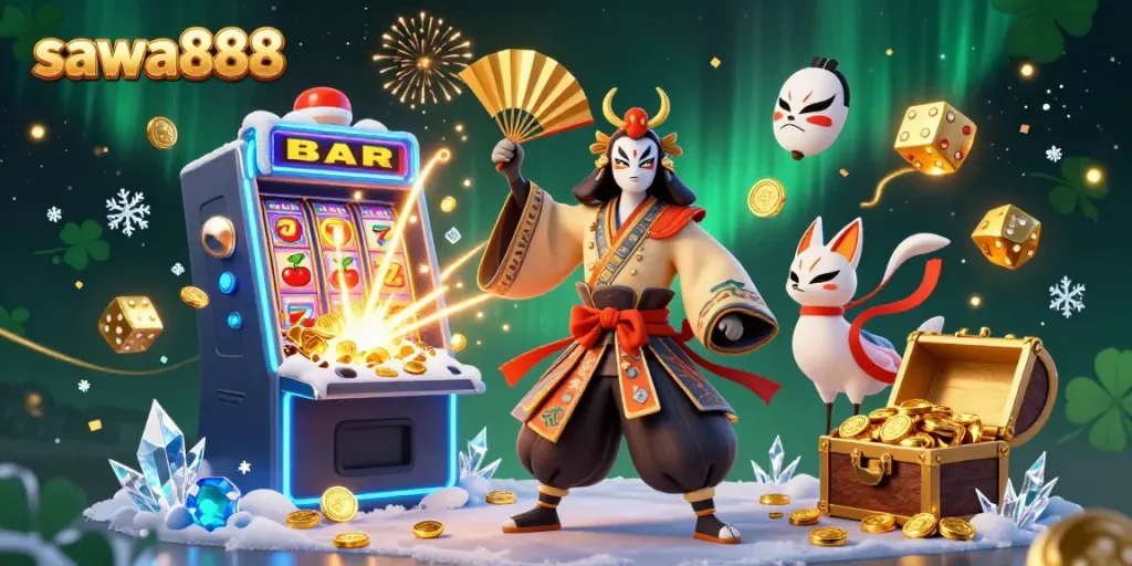 Spin the reels with sawa888 in an enchanting scene filled with traditional and casino elements.
