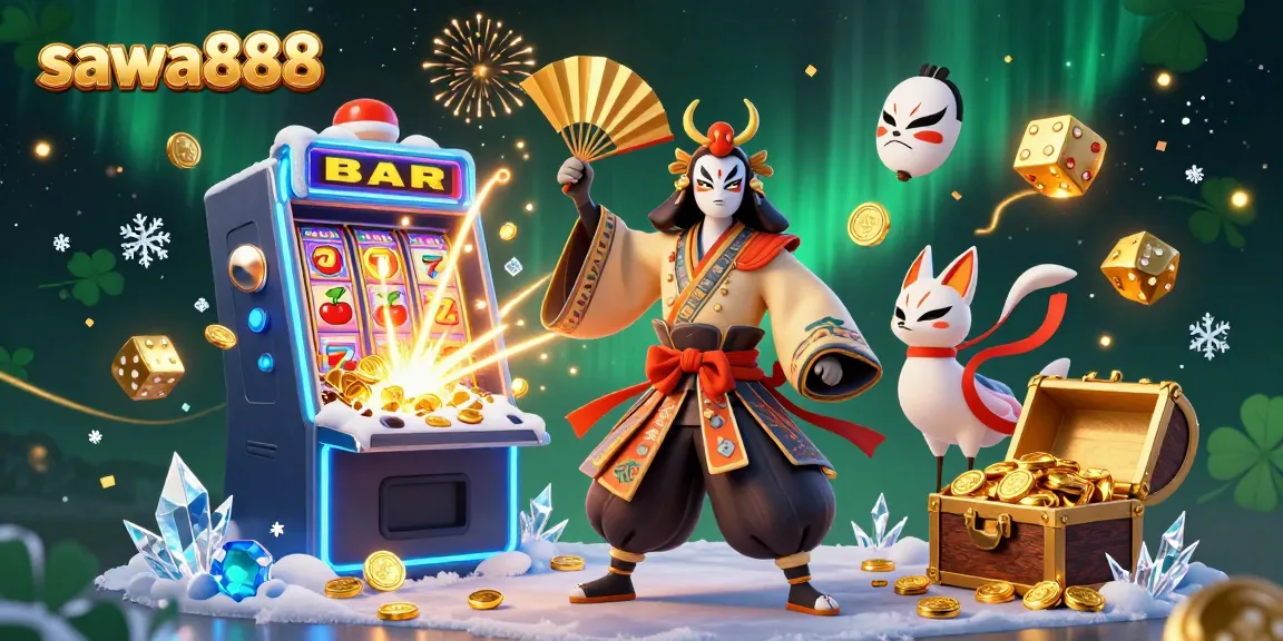 Spin the reels with sawa888 in an enchanting scene filled with traditional and casino elements.