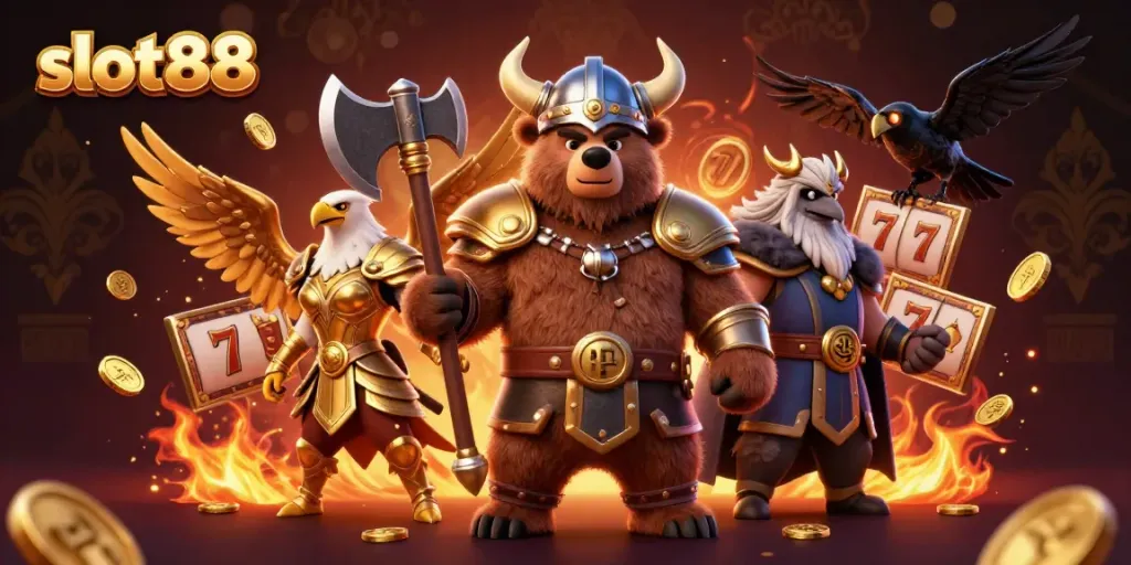 Experience the thrill of slot88 with dynamic characters, slot reels, and gold coins in an energetic setting.