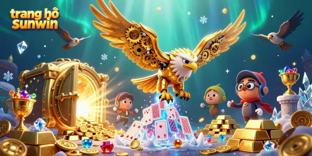 Experience the excitement of trang chủ sunwin with a thrilling illustration of a cybernetic eagle and vibrant casino elements.