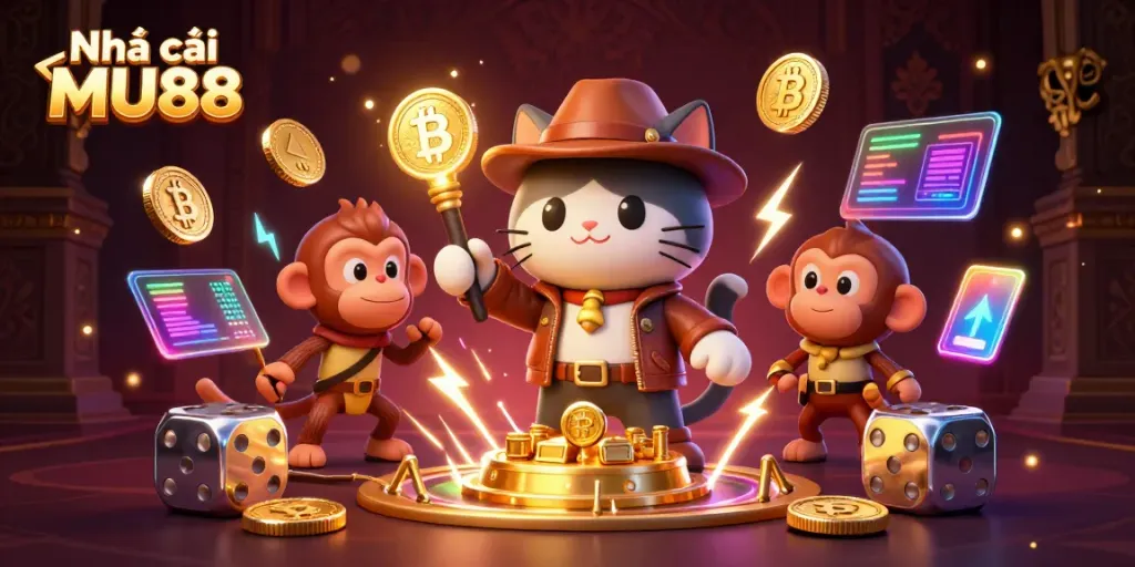 The cat archaeologist uncovers treasures at Nhà cái MU88, surrounded by shiny bitcoin coins.