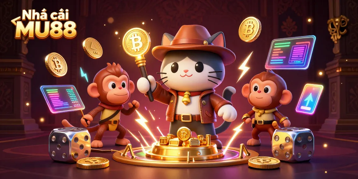 The cat archaeologist uncovers treasures at Nhà cái MU88, surrounded by shiny bitcoin coins.