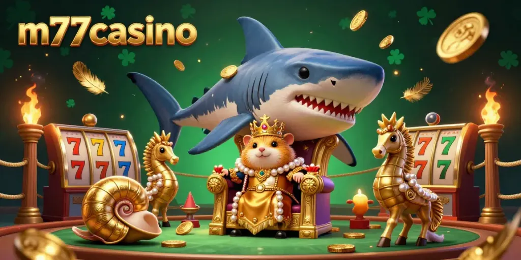 Pemenang mengumpulkan koin emas di m77casino dengan karakter hamster emas dan penjaga kuda laut yang megah.