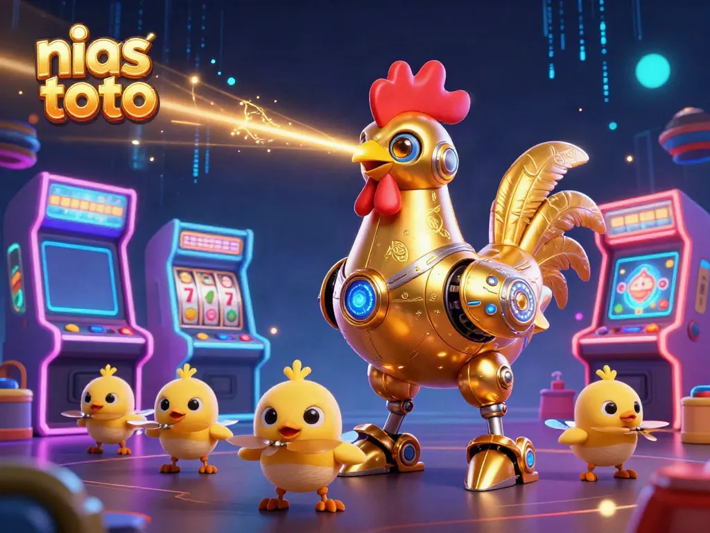 Permainan di nias toto dengan robot ayam emas dan mesin slot penuh warna.