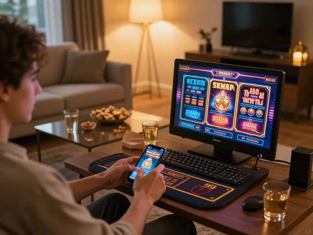 Player enjoying SC88 mobile slots on smartphone in a cozy home setting with snacks and warm lighting.
