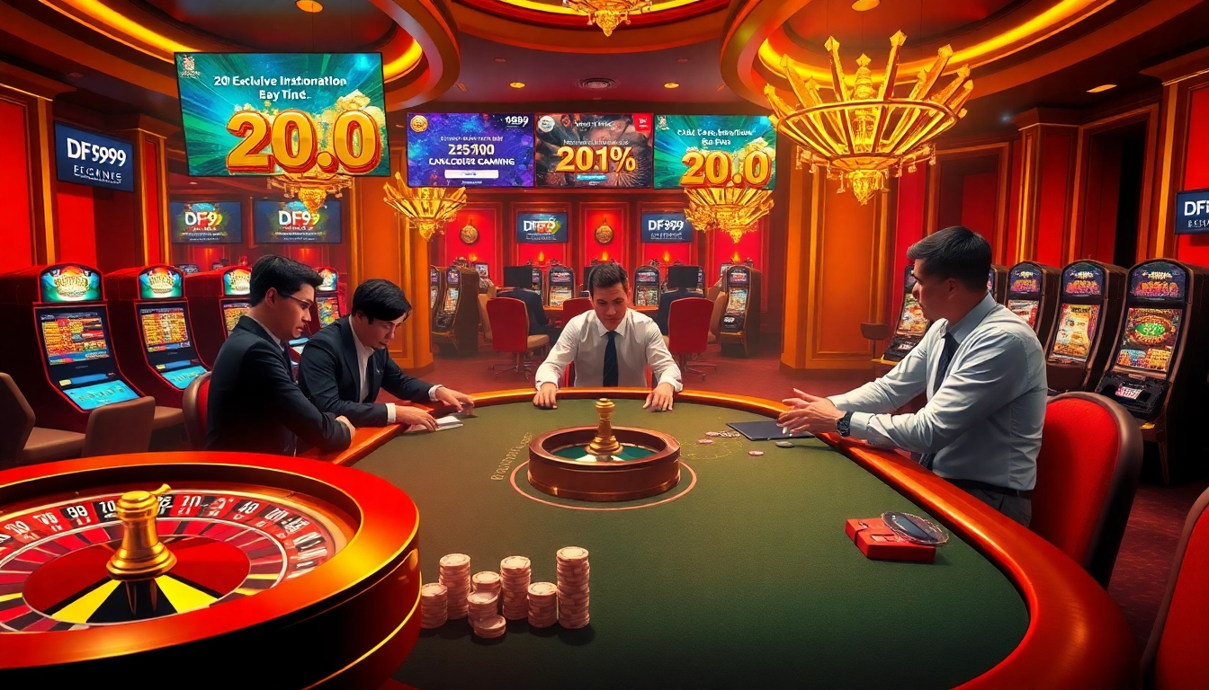 Excited players at a DF 999 casino table, showcasing vibrant poker action and betting excitement.