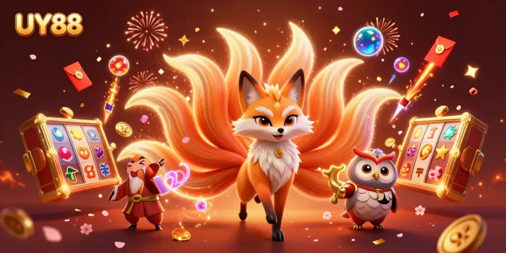Experience the vibrant UY88 casino world with a mystical fox and owl amidst dazzling gaming elements.