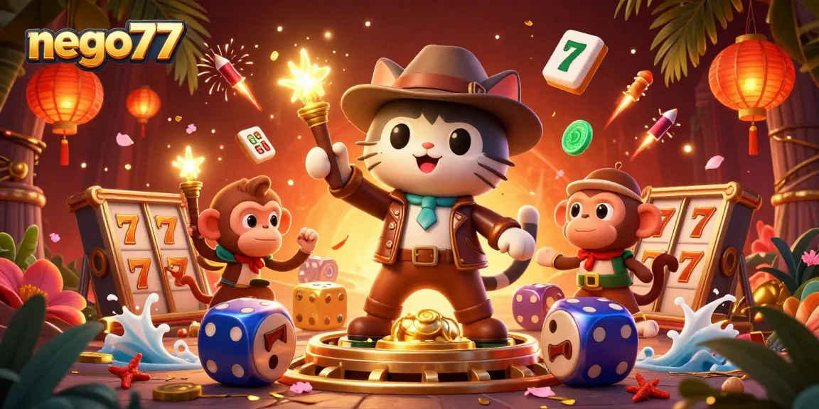 Nego77 offers excitement and winning opportunities with vibrant 3D illustrator featuring dynamic slot game elements.