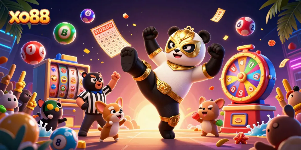 Experience the excitement of xo88 with a panda wrestler kicking through a colorful casino scene.