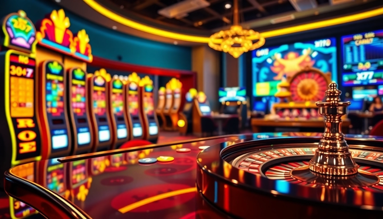 Experience thrilling gambling action at x777 with colorful slot machines and a captivating casino setup.