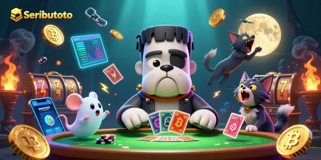 Seributoto invites players to enjoy slots with vibrant characters and crypto elements in this lively illustration.