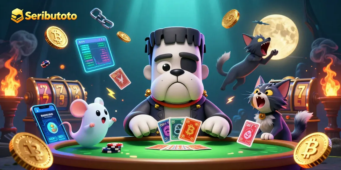 Seributoto invites players to enjoy slots with vibrant characters and crypto elements in this lively illustration.