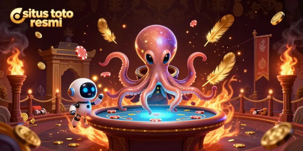 Experience the excitement at situs toto resmi with this vibrant 3D poker scene featuring an alien octopus.