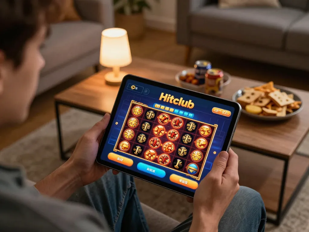 Player enjoying Hitclub slots game on tablet in cozy living room, showcasing engaging online gambling experience.