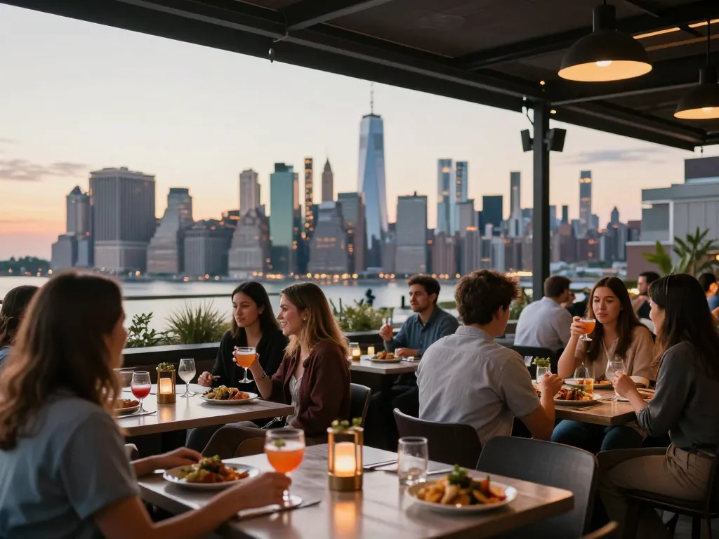 NoHu patrons enjoying cocktails and small plates in a vibrant Manhattan skyline setting