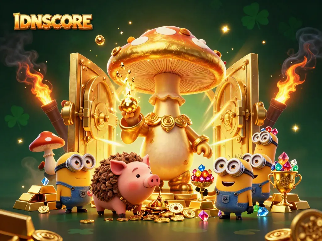Experience fortune with IDNSCORE illustrated as a golden wizard and treasure-filled scene.