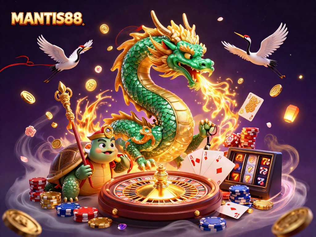 MANTIS88 showcases a dragon and turtle sage amid casino elements, invoking winning energy.