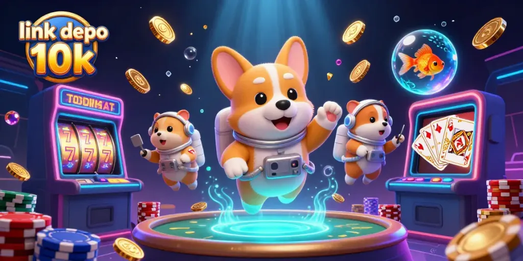 Engage with link slot depo 10k in a vibrant 3D casino illustration featuring cosmic characters
